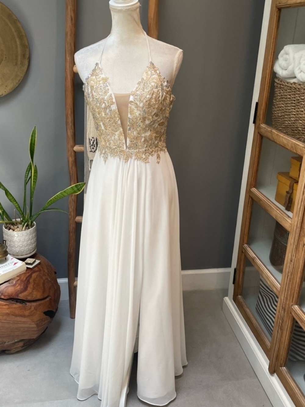White Maxi Formal Dress with Gold Appliqué Halter Bodice 2